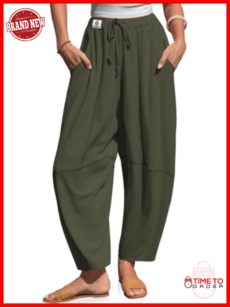 Linen Women's Harem Pants Baggy Drawstring Casual Wide Leg Barrel Pants With